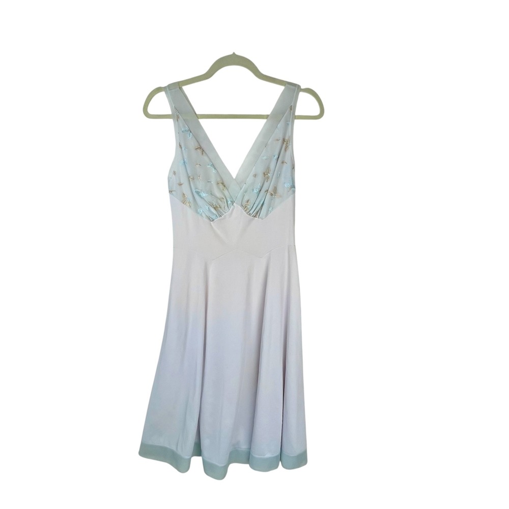 Vintage Vanity Fair Blue Tricot Nylon Slip Dress Embroidered Chiffon Sz 34 Small